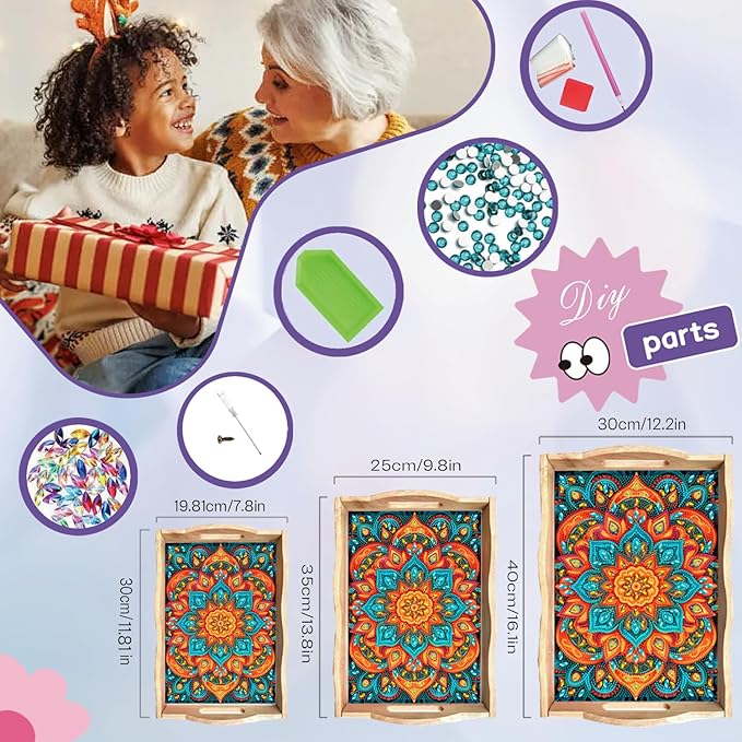EWJRNSF Diamond Art Kits for Adults Wooden Serving Trays with Handles, 5D Diamond Painting Big Gem Arts and Craft Gifts Trays Decor Gift Home Decor 9.8x13.8 Inches Mandala E