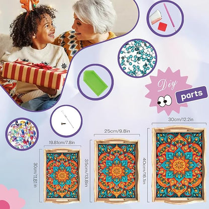 EWJRNSF Diamond Art Kits for Adults Wooden Serving Trays with Handles, 5D Diamond Painting Big Gem Arts and Craft Gifts Trays Decor Gift Home Decor 9.8x13.8 Inches Mandala E