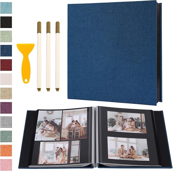 Photo Album Self Adhesive Pages Black Sticky Pages Large Scrapbook Linen Cover for 4x6 5x7 8x10 Pictures Album de Fotos Wedding Couples Baby Family Memory Book, 13.2x12.8 Blue 120 Pages
