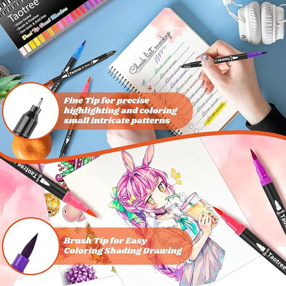 Taotree 120 Colors Dual Tip Art Markers Pens for Adult Coloring Book, Artist Fine & Brush Tip Coloring Markers Set Drawing Pens Craft Art Supplies for Journaling Note Taking Lettering Calligraphy