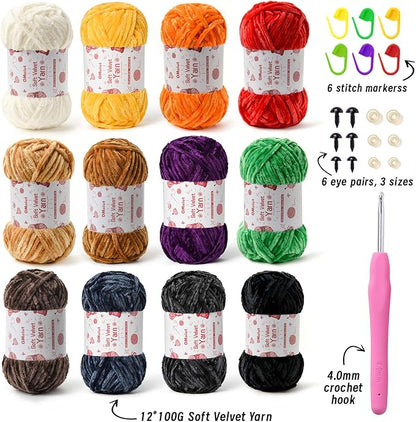 12 Pack Chenille Chunky Yarn - Baby Yarn for Crocheting Soft - Red Orange Green Blue Purple Black White Velvet Yarns Crochet Blanket - Amigurumi Yarns Pack with Crochet Accessories D