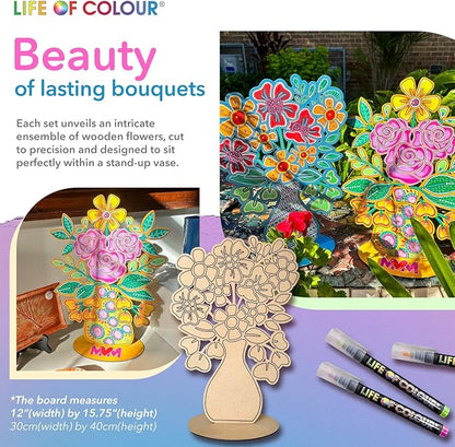 Life of Colour Painting Kit - Color Your Own 2 Flower in Vase Boards Acrylic Paint Pens for No Mess Painting - 15.7 x 11.8 Inches for Joyful Display - Arts and Crafts for Adults