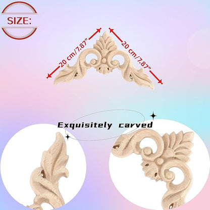 4PCS Corner Wooden Carving Decal Unpainted Wood Appliques Onlays DIY Wood Carved Furniture Appliques Onlays for Wall Bed Door Wardrobe Cabinet Furniture Decoration(08,20x20cm/7.87x7.87inch)