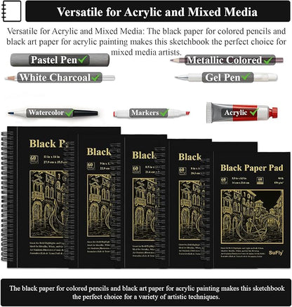 SuFly Black Paper Notebook, 60 Sheets Spiral Bound Sketch Book 9x12, 90lb/150gsm Black Art Paper for Drawing and Painting.