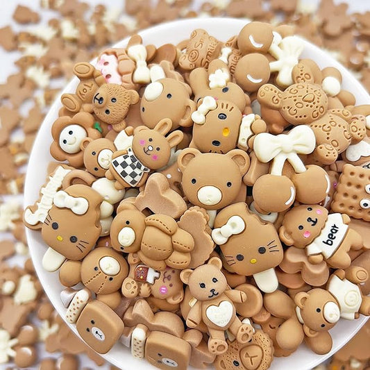 JINDUODUO 50 Pcs Flat Back Resin Slime Charms Bulk for Crafts, Flatback Mixed Charms for Slime, Cute Slime Charm Bulk DIY Craft Making Kit (Brown)