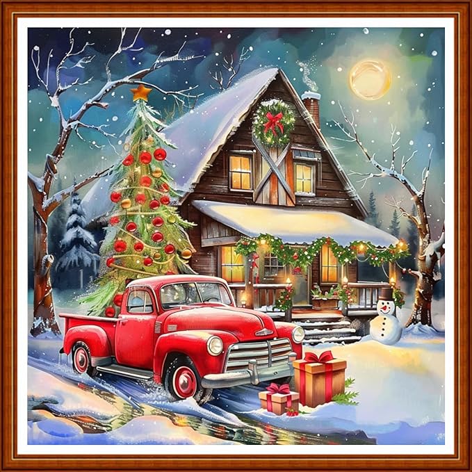 Joyhoor Stamped Cross Stitch Kits for Beginners Needlepoint Kits for Adults Embroidery Kits 11CT Counted Cross Stitch Kits Printed Embroidery Pattern-Christmas Snow Scenery 18x18 inchs