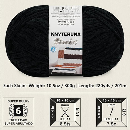 #6 Super Bulky Blanket Yarn for Crocheting - 4 Skeins(Each 10.5oz/300g, 220yds/201m), Chunky Chenille Thick Plush Big Soft Yarn for Crocheting Knitting Blankets, Black