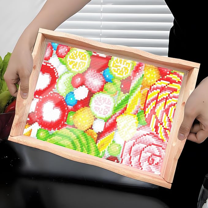 FGbaby DIY 5D Candy Diamond Painting Wood Serving Tray with Handles Diamond Art Decorative Decor Serving Trays Wooden Tray for Breakfast in Bed, Patio, BBQ, Coffee Table, Party –Great for Lap & Couch