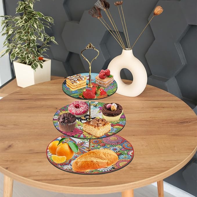 Three-Tier Diamond Painting Wooden Cake Stand DIY Sunflower Diamond Painting Cupcake Towel-Lined Tiered Tray Reusable Pastry Stand (Bee-Attracting Flowers)