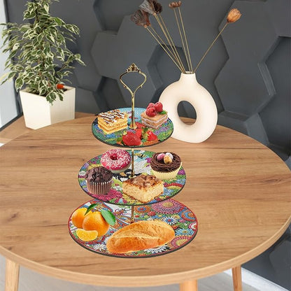 Three-Tier Diamond Painting Wooden Cake Stand DIY Sunflower Diamond Painting Cupcake Towel-Lined Tiered Tray Reusable Pastry Stand (Bee-Attracting Flowers)