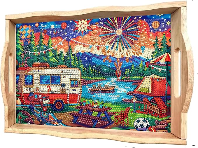 DOTSOPS 5D Diamond Art Kits for Adults Wooden Serving Tray with Handle Special Diamond Painting Plate Big Gem Dots Paint by Numbers Crafts Kits for Living Room Carnival 10 x 14 Inches