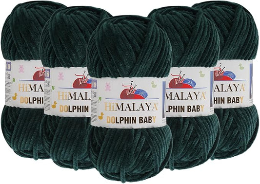 5 Skein/Pack Himalaya Dolphin Baby Chenille Yarn, Each Ball 100 gr (3.5 oz), 120 m (132 Yards), 100% Polyester, Super Bulky Baby Blanket Velvet Amigurumi Yarn, 80362 - Dark Green
