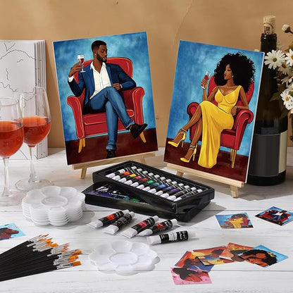 Cholemy 36 Pcs Valentine Paint and Sip Kit for Adults 8''x10'' Pre Drawn Canvas for Painting DIY Afro Acrylic Painting Kit Wood Easel Brushes Date Night Bulk for Party Gifts(Couple)