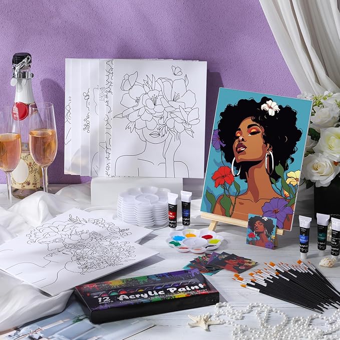 Ctosree 72 Pcs Flower Lady Paint and Sip Kit for Adults 8'' x 10'' Pre Drawn Canvas for Painting DIY Pre Printed Canvas for Party Favor Afro Acrylic Painting Kit Wood Easel Brushes Date Night Bulk