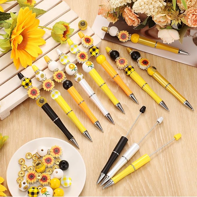 Geyee 12 Set Plastic Beadable Pens Assorted Bead Pens Crystal Wood Round Spacer Set Black Ink DIY Ballpoint for Women Men Gift Office Supplies(Sunflower)