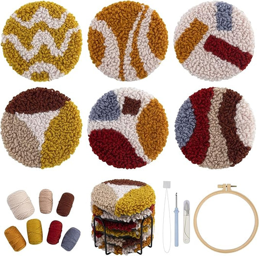 Temlum Punch Needle Coasters Kit, Punch Needle Embroidery Kit for Beginners and Adults Including Patterns, Tools, Yarns, Hoop, Instruction, Coaster Holder Coaster Art Craft Supplies (Lines)