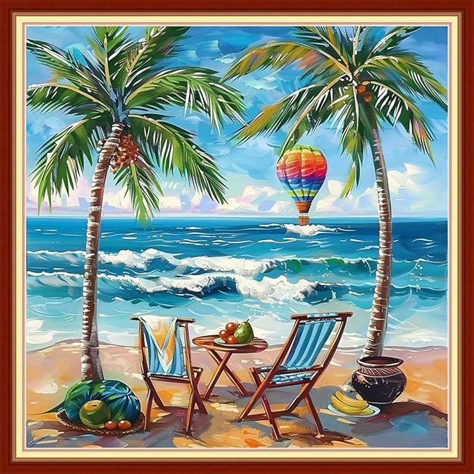 Joyhoor Stamped Cross Stitch Kits for Beginners Needlepoint Kits for Adults Embroidery Kits 11CT Counted Cross Stitch Kits Printed Embroidery Pattern-Rest by The Seaside 18x18 inchs