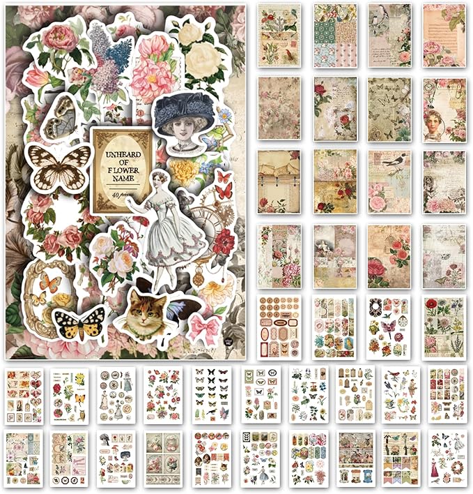 Prstincol Vintage Aesthetic Washi Stickers and Papers for Scrapbooking, 40 Sheets Ephemera Book for Art Journaling with Flower Butterfly Beauty Theme Stickers and Decoupage Papers for Junk Journal