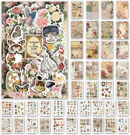 Prstincol Vintage Aesthetic Washi Stickers and Papers for Scrapbooking, 40 Sheets Ephemera Book for Art Journaling with Flower Butterfly Beauty Theme Stickers and Decoupage Papers for Junk Journal