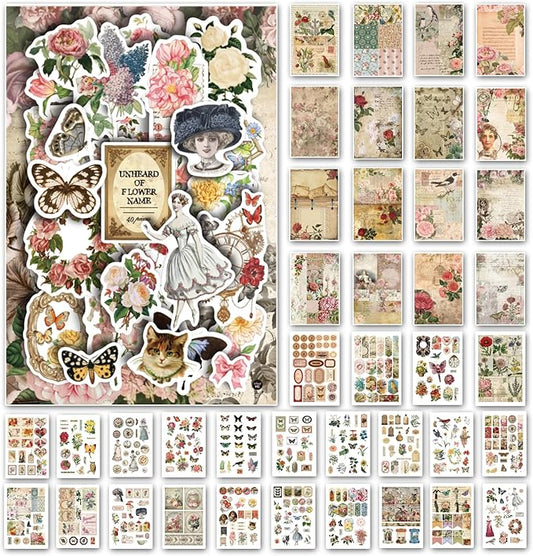 Prstincol Vintage Aesthetic Washi Stickers and Papers for Scrapbooking, 40 Sheets Ephemera Book for Art Journaling with Flower Butterfly Beauty Theme Stickers and Decoupage Papers for Junk Journal