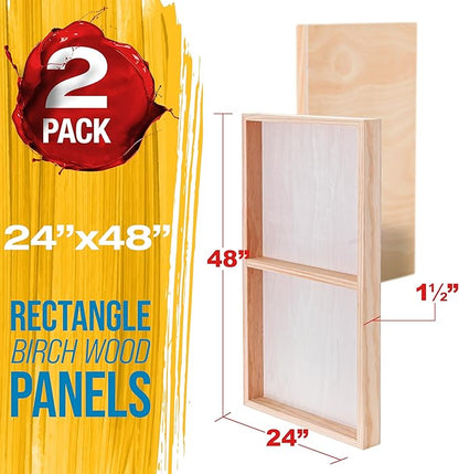 U.S. Art Supply 24" x 48" Unfinished Cradled Wood Panels for Painting, Gallery 1-1/2" Deep (2 Pack) - Artist Depth Wooden Wall Canvases - Mixed-Media Craft, Acrylic, Oil, Encaustic, Paint Pouring
