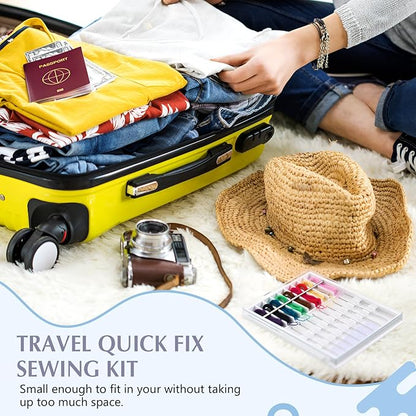 MTLEE 14 Boxes 140 Pieces Mini Quick Fix Sewing Kit Easy Pre Threaded Needle Basic Personal Kit Plastic Threaded Needle Holder Small Home Travel Sewing Box with Pin Button Classic Color