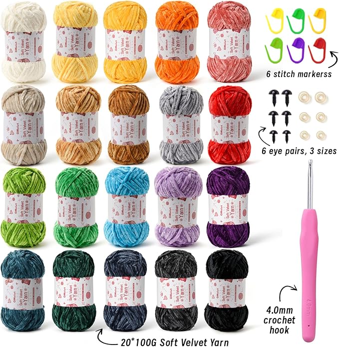 20 Pack Chenille Chunky Yarn - Baby Yarn for Crocheting Soft - White Black Brown Green Red Pink Blue Rainbow Velvet Yarns Crochet Blanket - Amigurumi Yarns Pack with Crochet Accessories B