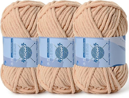 3 Pack Chunky Chenille Yarn for Crocheting，Baby Yarn for Crocheting Soft Blankets，Bulky Yarns for Crochet Amigurumi，300g (223yds) Fluffy Velvet Yarns for Hand Knitting (3 Apricot)