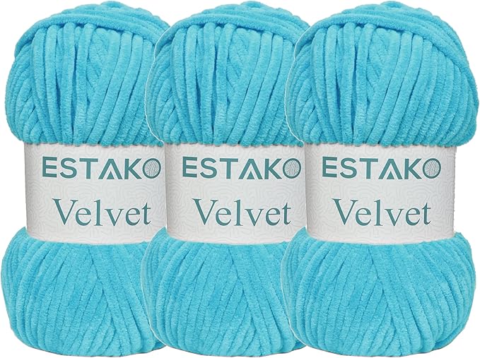 Estako Velvet (3- Skeins Pack) Chenille Blanket amigurumi Yarn for Crocheting and Knitting Super Bulky 3x100 gr (3x132 yds) (1230 - Turquoise)