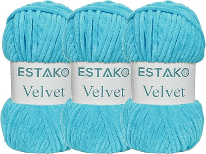 Estako Velvet (3- Skeins Pack) Chenille Blanket amigurumi Yarn for Crocheting and Knitting Super Bulky 3x100 gr (3x132 yds) (1230 - Turquoise)