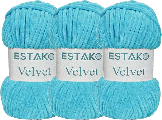Estako Velvet (3- Skeins Pack) Chenille Blanket amigurumi Yarn for Crocheting and Knitting Super Bulky 3x100 gr (3x132 yds) (1230 - Turquoise)
