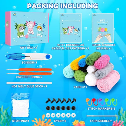 Fortuning's JDS Crochet Kit for Beginners - 3 PCS Axolotl Cat Crochet Kits with Step-by-Step Video Tutorials, Beginner Crochet Kit for Adults, Crochet Cat Dressed as Axolotl Set