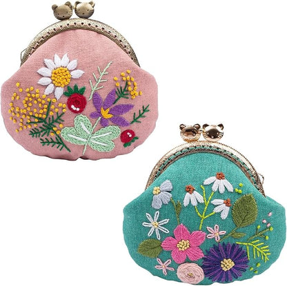 MIAO JIN 2 Sets Stamped Embroidery Coin Purse Kits for Beginners Handmade DIY Embroidered Clutch Starter Kit with All Supplies Tools Bamboo Embroidery Hoops