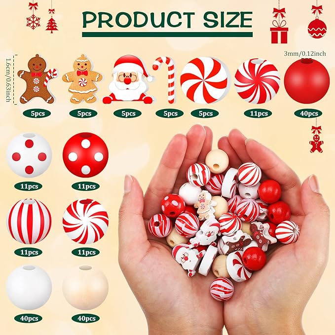 Waydress 200 Pcs Christmas Beads for Crafts Christmas Wooden Beads Bulk for Jewelry Making Red and White Beads Xmas Santa Gingerbread Candy Beads for Christmas Tree Garland DIY Holiday Hanging Decor
