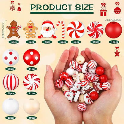 Waydress 200 Pcs Christmas Beads for Crafts Christmas Wooden Beads Bulk for Jewelry Making Red and White Beads Xmas Santa Gingerbread Candy Beads for Christmas Tree Garland DIY Holiday Hanging Decor