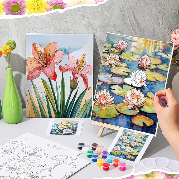 Tenceur 16 Sets Pre Drawn Canvas to Paint for Sip and Paint Party, 8 x 10 Inch Preprinted Framed Pre Sketched Coloring Canvas with Easels and Brushes for Adults Party Supplies(Flower)