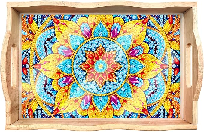 DIY Art Painting Wooden Tray Kit, Food Tray with Handle Diamond Painted Table Decoration Tray, for Breakfast, Bar Dinner Table Diamond Dots Gem Painting Art Set for Beginners (#01-Mandala)