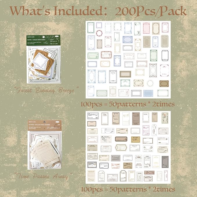 SIBLYMONA 200Pcs Vintage Memo Material Pack Memo Collection Series for Scrapbooking, Junk Journal Supplies DIY Art Crafts Bullet Journal Diary Album Planne (SetB)