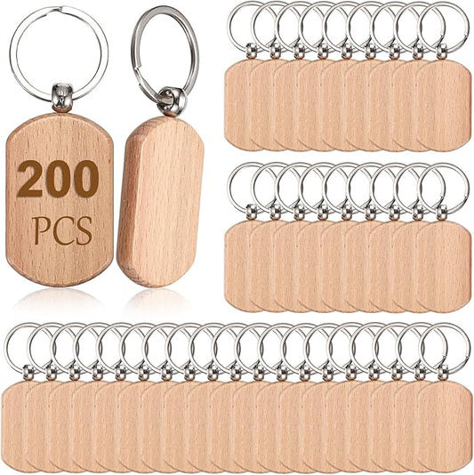 JUXYES 200 PCS Unfinished Wooden Keychain Blanks for Engraving, Wood Engraving Blanks Key Chain, DIY Wood Keychain Tags Unfinished Wooden Key Ring Key Tag, 52x32x7mm