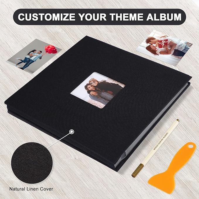Self Adhesive Photo Album Black Pages Scrapbook Magnetic Photo Albums for 4x6 5x7 8x10 Pictures Books with Sticky Pages with A Metallic Pen for Baby Family Wedding 13.2x12.8 Black 40 Pages