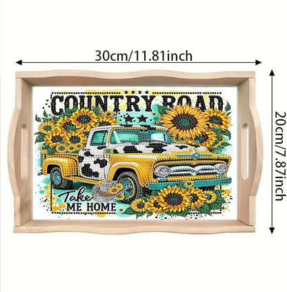 DoxQcs DIY Diamond Art Wooden Tray Kit Easter Food Tray with Handle Diamond Painted Table Decoration Tray for Breakfast Bar Dinner Table Diamond Art Painting for Beginners-#02-Sunflower Car