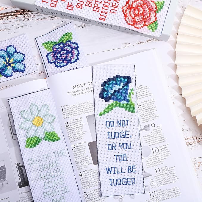 ORIGACH 6 Set Cross Stitch Bookmark Kit for Beginner Flower and Bible Verse Pattern DIY Stamped Embroidery Bookmark Kit with 19 Colors Embroidery Floss Instructions 8''x2.4''