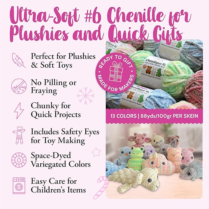 Chenillique XL Plush Chenille Yarn – 4-Pack (352 Yards / 400 g) – Variegated Super Bulky Yarn for Plushies, Blankets, Amigurumi & Accessories - Spring Haze