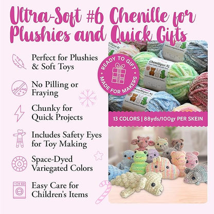 Chenillique XL Plush Chenille Yarn – 4-Pack (352 Yards / 400 g) – Variegated Super Bulky Yarn for Plushies, Blankets, Amigurumi & Accessories - Blue Whisper