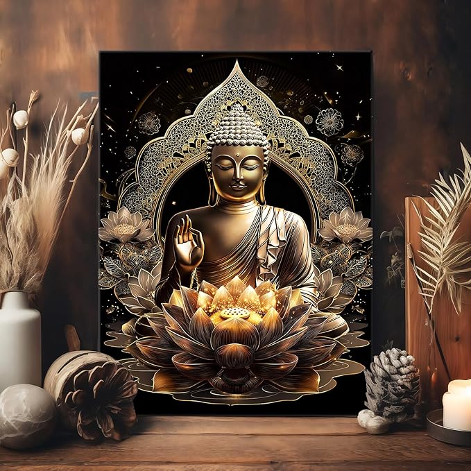 WENGTIAO Black Gold Buddha Framed Canvas Wall Art Zen Lotus Spiritual Relax Wall Pictures for Bathroom Living Room Bedroom Buddhist Meditation Canvas Paintings Prints Wall Decor Artwork 12x16 inch