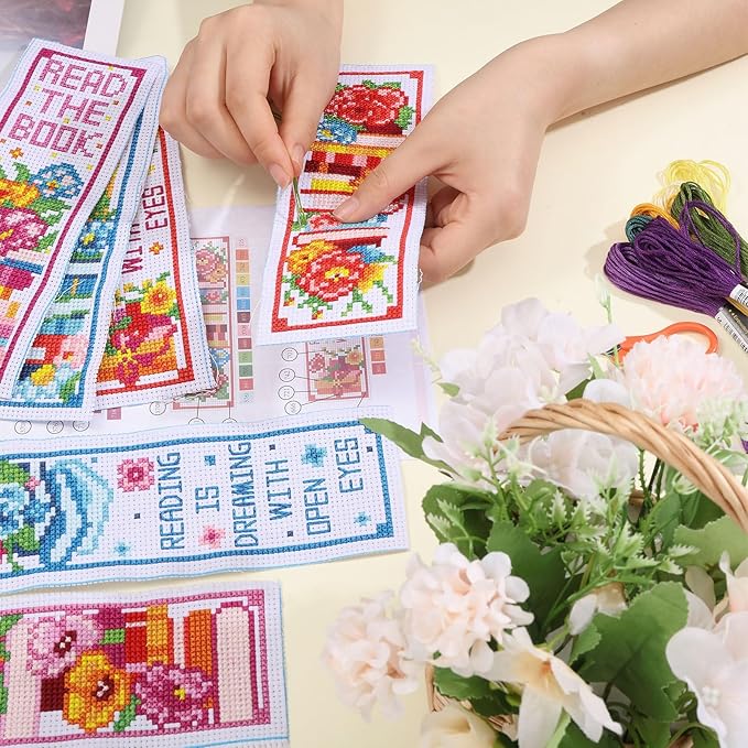 ORIGACH 6 Pcs Cross Stitch Bookmark Kit for Beginner Book Flower Stamped Embroidery Stitch Kits for Starter DIY Bookmarks Printed Cross Stitch Kits for Book Lovers