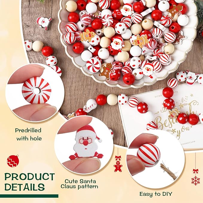 Waydress 200 Pcs Christmas Beads for Crafts Christmas Wooden Beads Bulk for Jewelry Making Red and White Beads Xmas Santa Gingerbread Candy Beads for Christmas Tree Garland DIY Holiday Hanging Decor