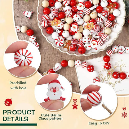 Waydress 200 Pcs Christmas Beads for Crafts Christmas Wooden Beads Bulk for Jewelry Making Red and White Beads Xmas Santa Gingerbread Candy Beads for Christmas Tree Garland DIY Holiday Hanging Decor
