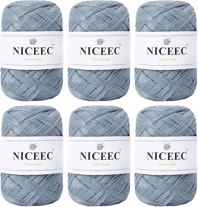 NICEEC 6 Skeins Soft Tape Yarn for Crocheting Craft Paper Yarn Easy Crochet Raffia Yarn Ribbon Yarn for DIY Craft Gift Wrapping Total Length 1.76oz×6/109yds×6-Dusty Blue