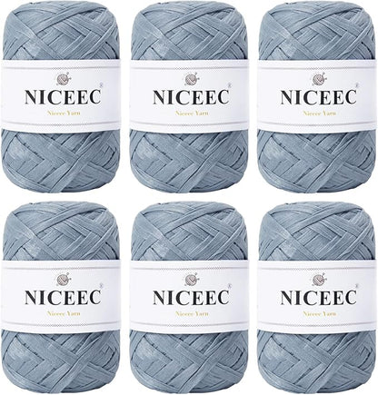 NICEEC 6 Skeins Soft Tape Yarn for Crocheting Craft Paper Yarn Easy Crochet Raffia Yarn Ribbon Yarn for DIY Craft Gift Wrapping Total Length 1.76oz×6/109yds×6-Dusty Blue